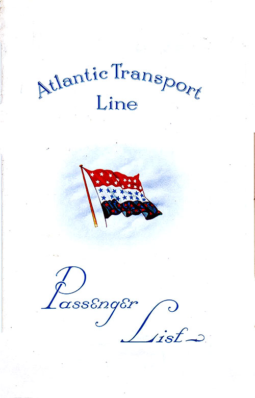 Front Cover, Featuring Elegant Typography and a large ATL Company Flag in the Center. 'Atlantic Transport Line' Appears above the flag and 'Passenger List' Appears Below. SS Minnetonka First Class Passenger List, 17 December 1927.