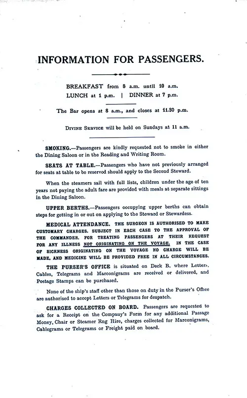 Information for Passengers, Part 1. SS Minnetonka First Class Passenger List, 17 December 1927.