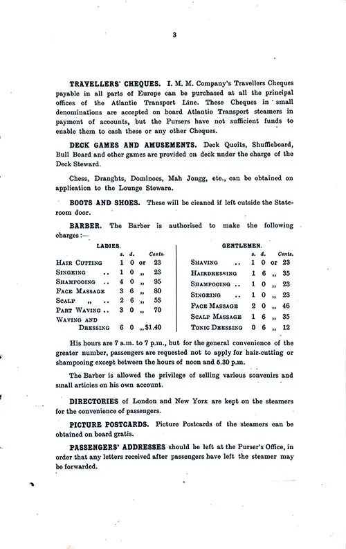 Information for Passengers, Part 3. SS Minnetonka First Class Passenger List, 17 December 1927.