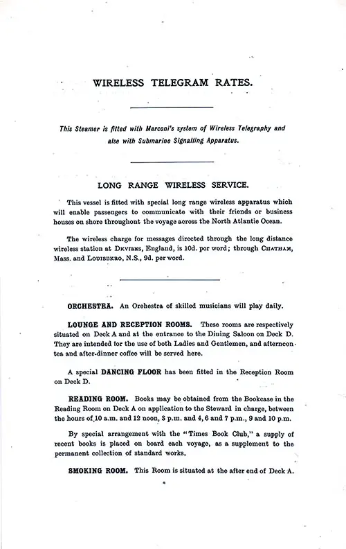 Wireless Telegram Rates, Long Range Wireless Service, Information for Passengers, Part 4. SS Minnetonka First Class Passenger List, 17 December 1927.