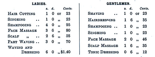 First Class Barber Shop Charges. SS Minnetonka First Class Passenger List, 17 December 1927.