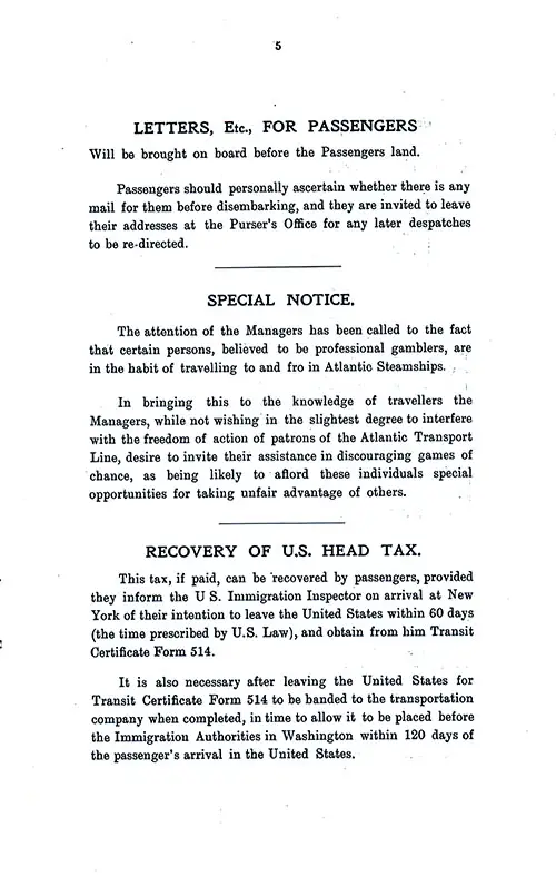 Letters for Passengers, Professional Gamblers Onboard Notice, Recovery of US Head Tax. SS Minnetonka First Class Passenger List, 17 December 1927.