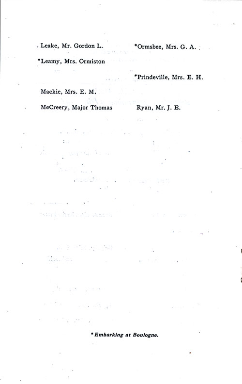 List of Passengers, Part 2 (Mr. Gordon L. Leake-Mr. J. E. Ryan). SS Minnetonka First Class Passenger List, 17 December 1927.