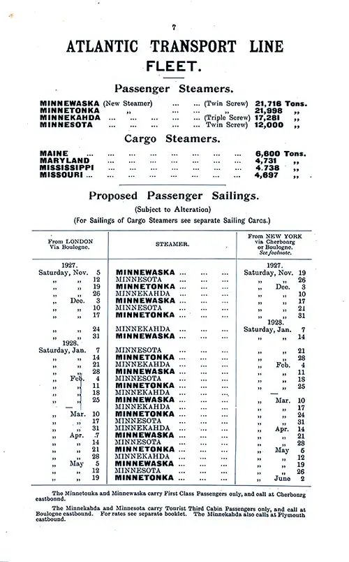 ATL Fleet List, ATL Sailing Schedule, London-New York Services, from 5 November 1927 to 2 June 1928.