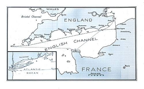 Map of English Channel and Inset of Long Island, NY Map. SS Minnetonka First Class Passenger List, 17 December 1927.