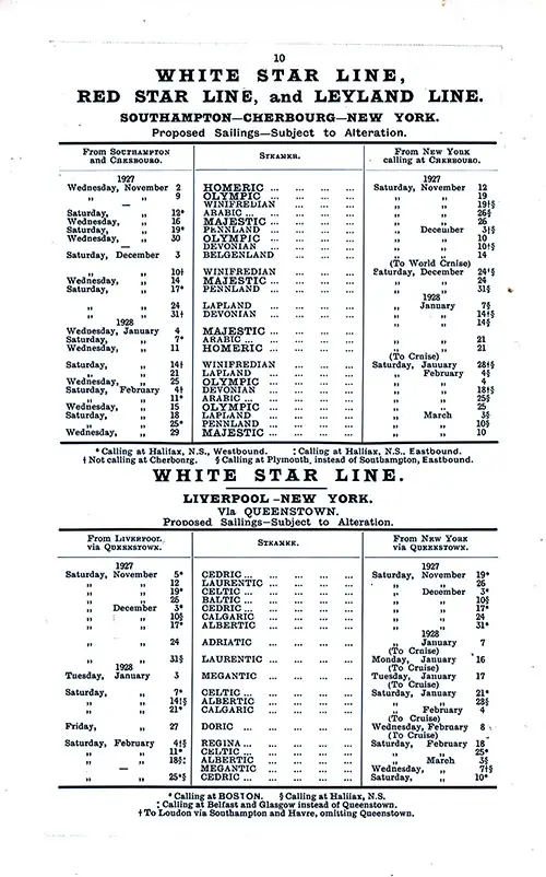 WSL, RSL LEY Sailing Schedules, Southampton-Cherbourg-New York and Liverpool-Queenstown (Cobh)-New York, from 2 November 1927 to 19 March 1928.