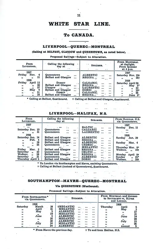 White Star Line Sailing Schedules, Canadian Services, from 4 November 1927 to 9 August 1928.