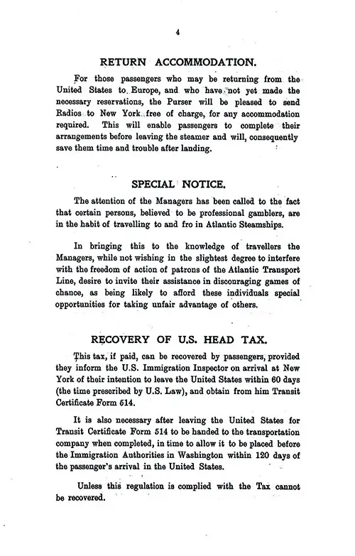 Return Accommodation, Special Notice Regarding Professional Gamblers, Recovery of US Head Tax. SS Minnetonka First Class Passenger List, 27 September 1930.