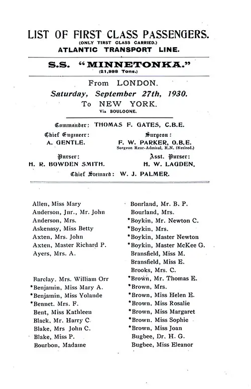 Title Page, Listing of Senior Officers, List of Passengers, Part 1 (Miss Mary Allen-Miss Eleanor Bugbee). SS Minnetonka First Class Passenger List, 27 September 1930.