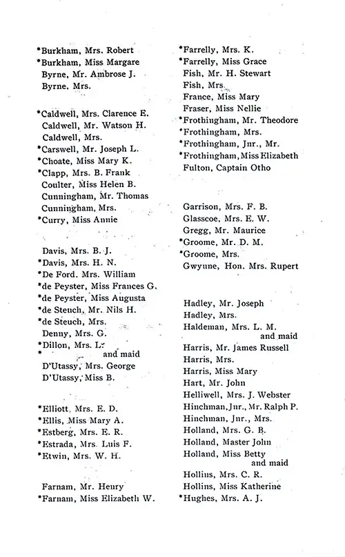 List of Passengers, Part 2 (Mrs. Robert Burkham-Mrs. A. J. Hughes). SS Minnetonka First Class Passenger List, 27 September 1930.