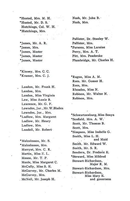 List of Passengers, Part 3 (Mrs. M. H. Husted-Miss Mary E Steward-Richardson). SS Minnetonka First Class Passenger List, 27 September 1930.