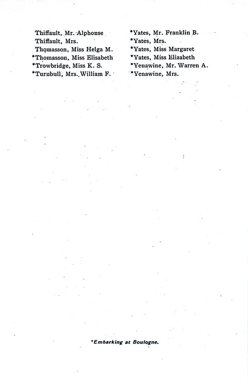 List of Passengers, Part 4 (Mr. Alphonse Thiffault-Mrs. Yenawive). SS Minnetonka First Class Passenger List, 27 September 1930.