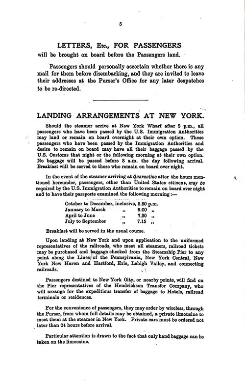 Letters and Landing Arrangements at New York. SS Minnetonka First Class Passenger List, 27 September 1930.