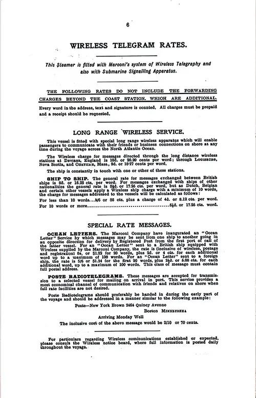 Wireless Telegram Rates, Long Range Wireless Service, Special Rate Messages (Ocean Letters and Poste Radiograms). SS Minnetonka First Class Passenger List, 27 September 1930.
