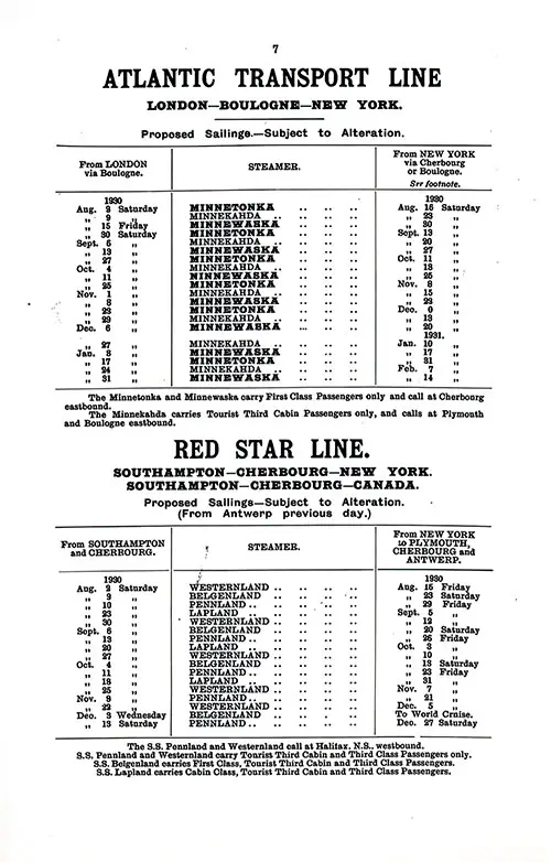 ATL and RSL Sailing Schedules, London-Boulogne-New York and Southampton-Cherbourg-New York or Canadian Ports, from 2 August 1930 to 14 February 1931.