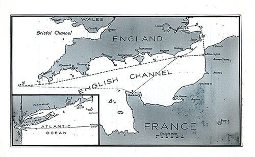 Map of the English Channel with Inset Map of Long Island, NY. SS Minnetonka First Class Passenger List, 27 September 1930.