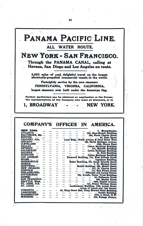 Promotion of Panama Pacific Line and ATL Company Offices in America. SS Minnetonka First Class Passenger List, 27 September 1930.