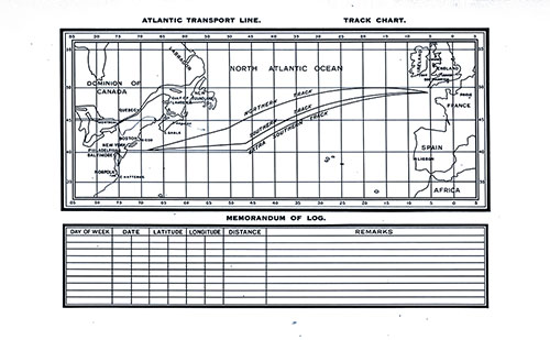 Atlantic Transport Line Track Chart of the Atlantic Ocean Showing the Northern, Southern, and Extra Southern Tracks (Routes) and Memorandum of Log (Unused). SS Minnetonka First Class Passenger List, 27 September 1930.