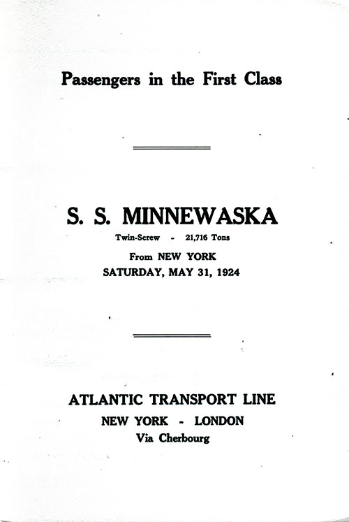 Title Page, SS Minnewaska First Class Passenger List, 31 May 1924.