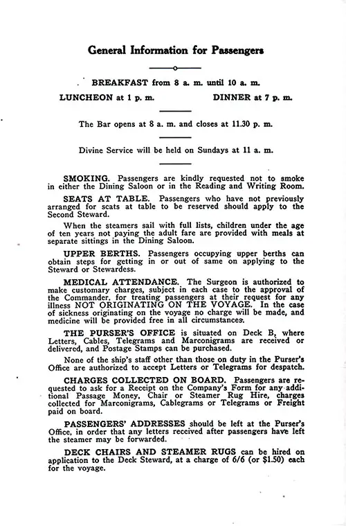 General Information for Passengers, Part 1. SS Minnewaska First Class Passenger List, 31 May 1924.