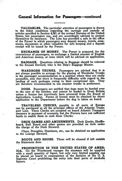General Information for Passengers, Part 2. Includes Notation on Prohibition in the United States of America. SS Minnewaska First Class Passenger List, 31 May 1924.