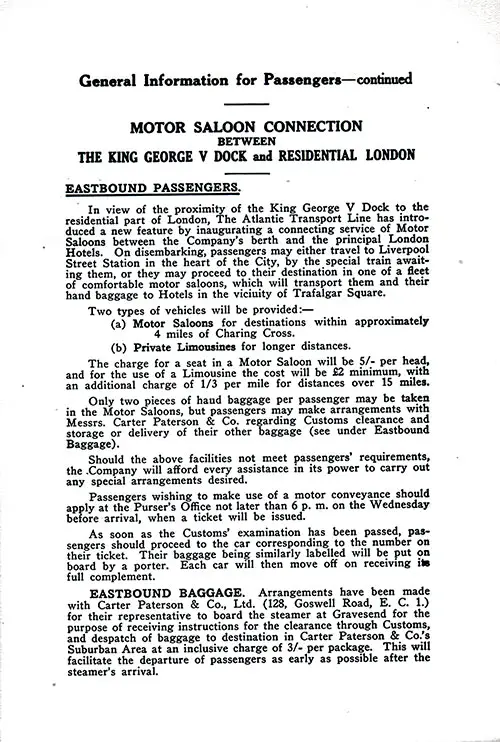Motor Saloon Connection Between the King George V Dock and Residential London. SS Minnewaska First Class Passenger List, 31 May 1924.
