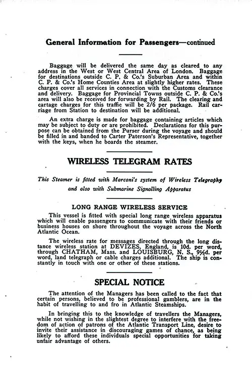 Motor Saloon Connection Between the King George V Dock and Residential London (Cont.), Wireless Telgram Rates, Long Range Wireless Service, Professional Gamblers Warning. SS Minnewaska First Class Passenger List, 31 May 1924.