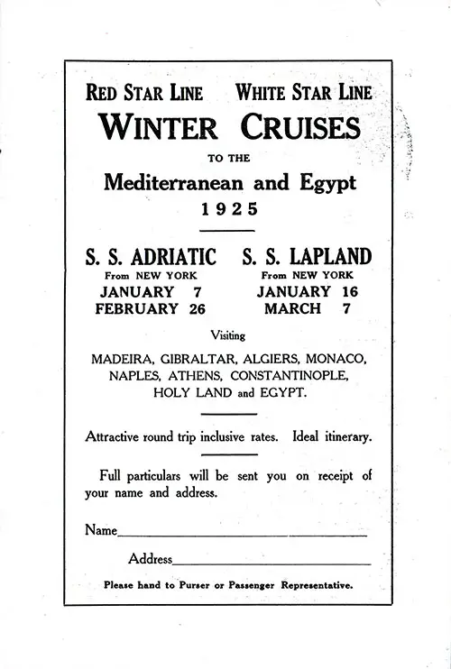 Advertisement: Winter Cruises to the Mediterranean and Egypt 1925, Red Star Line and White Star Line. SS Minnewaska First Class Passenger List, 31 May 1924.