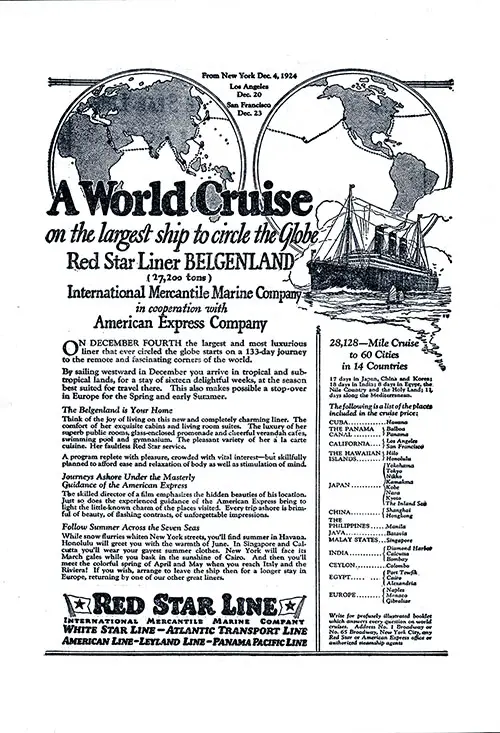 Advertisement: World Cruise on the Red Star Liner Belgenland. SS Minnewaska First Class Passenger List, 31 May 1924.