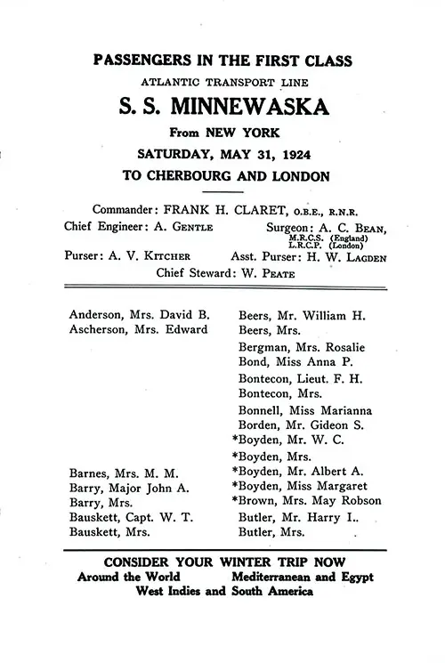 Listing of Officers and List of Passengers, Part 1 (Mrs. David B. Anderson-Mrs. Butler). SS Minnewaska First Class Passenger List, 31 May 1924.
