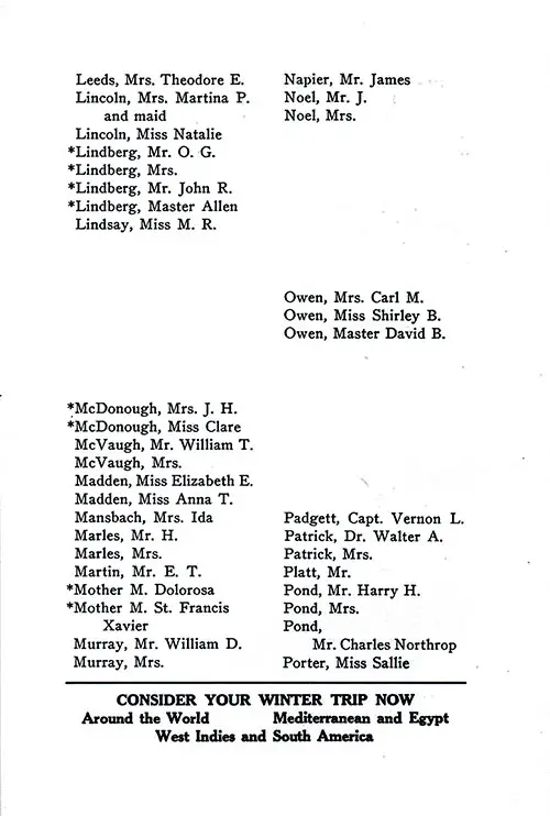 List of Passengers, Part 4 (Mrs. Theodore E. Leeds-Miss Sallie Porter). SS Minnewaska First Class Passenger List, 31 May 1924.