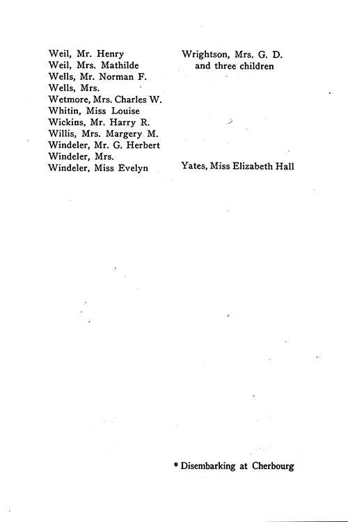 List of Passengers, Part 6 (Mr. Henry Weil-Miss Elizabeth Yates). SS Minnewaska First Class Passenger List, 31 May 1924.
