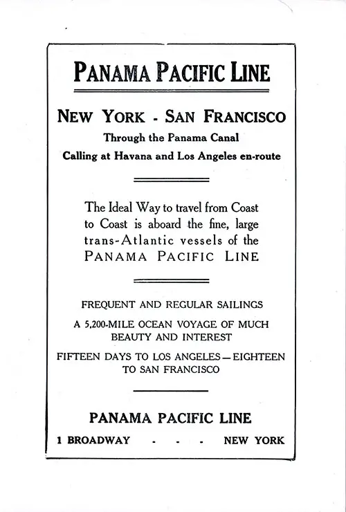 Advertisement: Panama Pacific Line. SS Minnewaska First Class Passenger List, 31 May 1924.