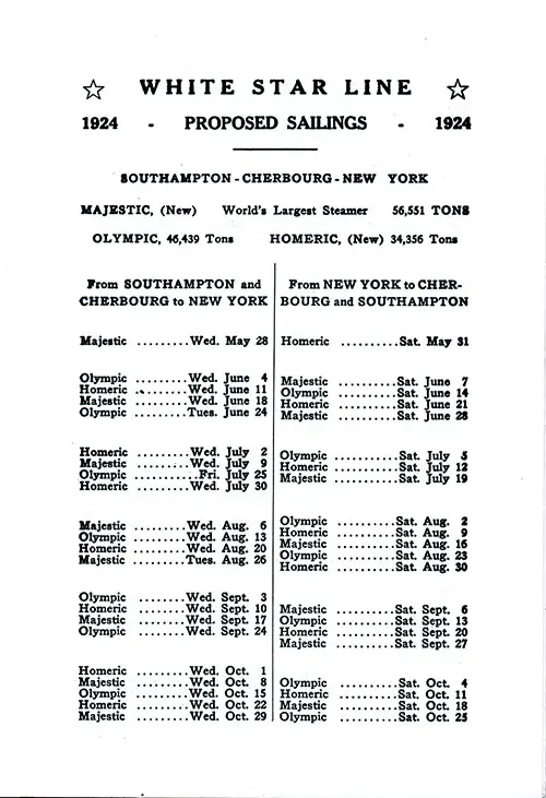 WSL Sailing Schedule, Southampton-Cherbourg-New York Service, from 28 May 1924 to 29 October 1924.