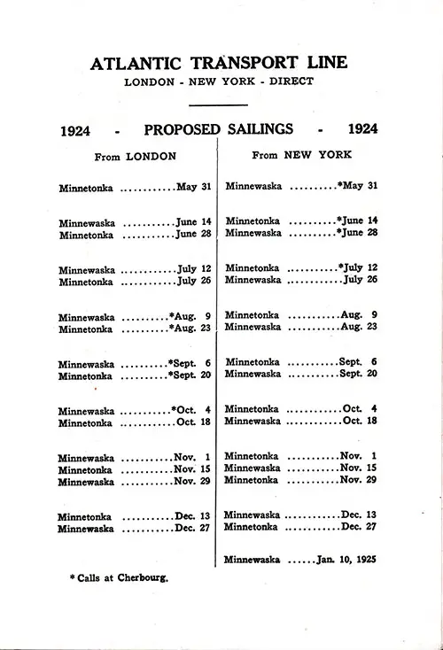 ATL Sailing Schedule, London-New York Service, from 31 May 1924 to 10 January 1925.