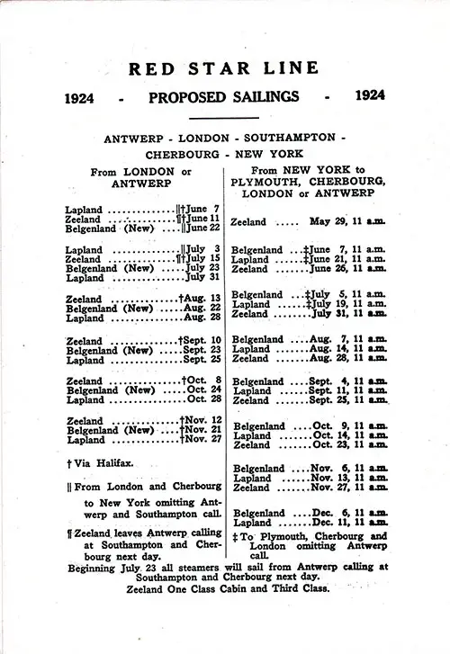RSL Sailing Schedule, Antwerp-London-Southampton-Cherbourg-New York Services, 29 May 1924 to 11 December 1924.