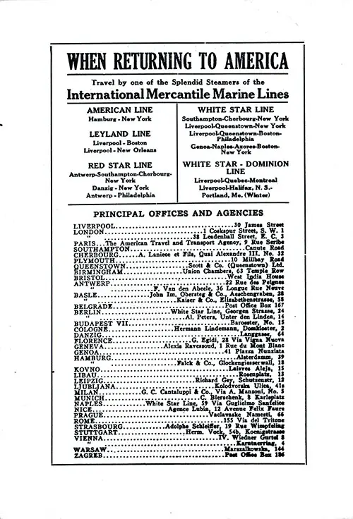 Affiliated IMM Steamship Lines and Principal Offices and Agencies. SS Minnewaska First Class Passenger List, 31 May 1924.