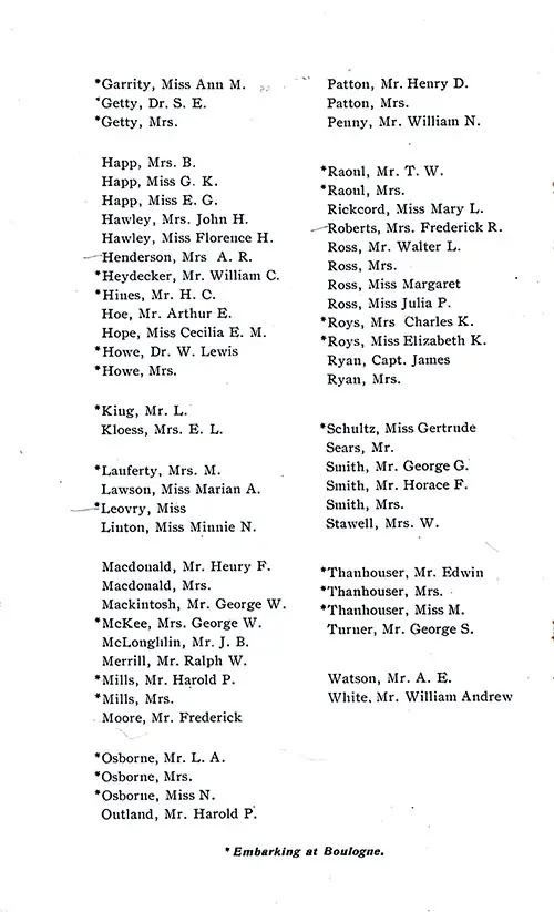 List of Passengers, Part 2 (Miss Ann M. Garrity-Mr. William Andrew White). SS Minnewaska First Class Passenger List, 23 April 1927.