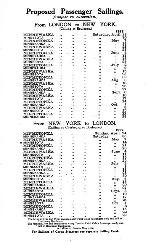Sailing Schedule, London-Boulogne-New York Service, from 23 April 1927 to 29 October 1927.