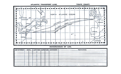 Atlantic Transport Line Track Chart of the North Atlantic Ocean Showing the Northern, Southern, and Extra Southern Tracks (Routes) and Memorandum of Log. SS Minnewaska First Class Passenger List, 23 April 1927.