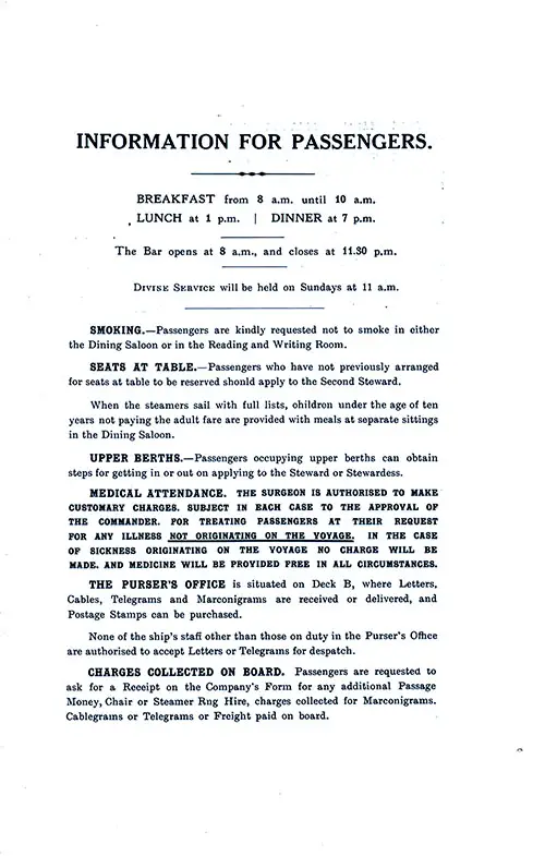 Information for Passengers, Part 1. SS Minnewaska First Class Passenger List, 25 August 1928.