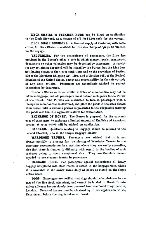 Information for Passengers, Part 2. SS Minnewaska First Class Passenger List, 25 August 1928.