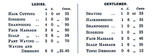 Table of Authorized Charges for Barber Services, 1928.