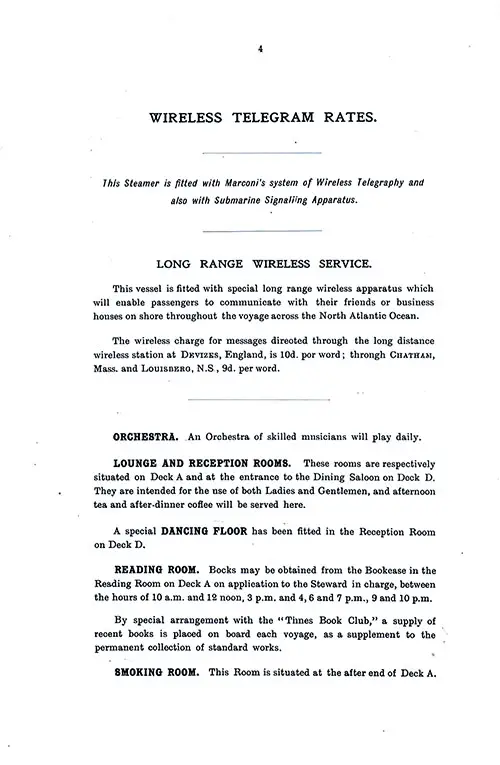 Information for Passengers, Part 4, Including Wireless Telegram Rates and Long Range Wireless Service. SS Minnewaska First Class Passenger List, 25 August 1928.