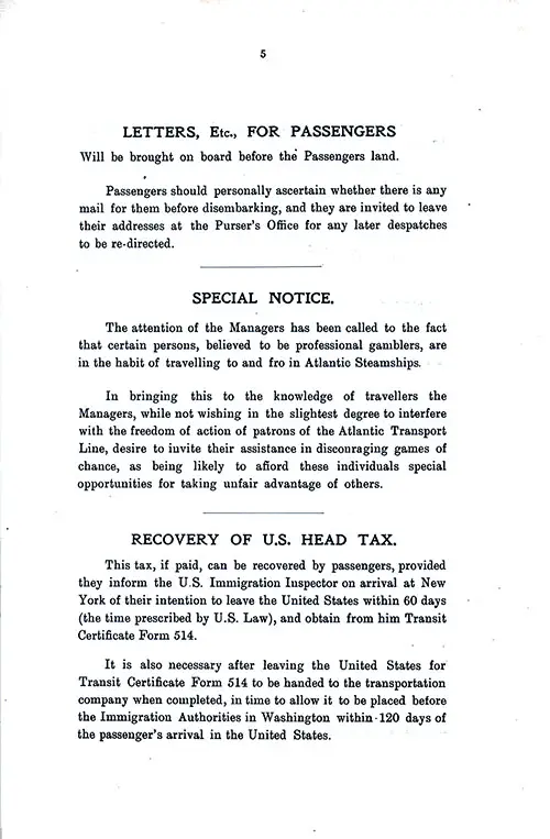 Letters for Passengers, Special Notice About Professional Gamblers, and Recovery of US Head Tax. SS Minnewaska First Class Passenger List, 25 August 1928.