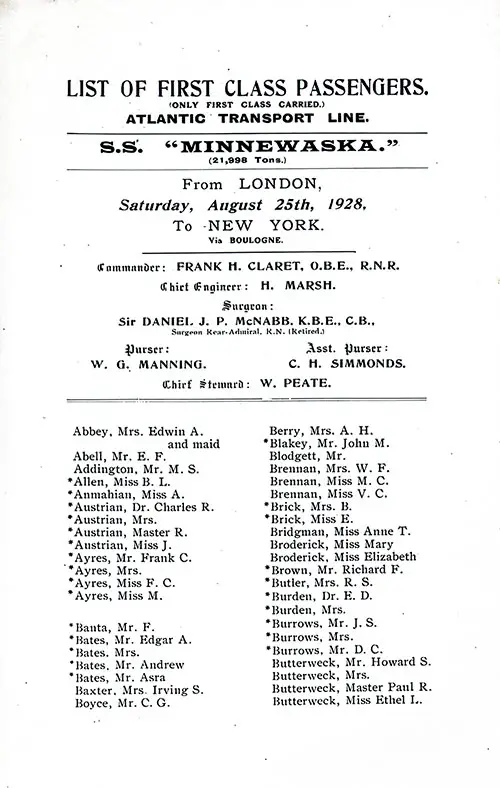 Title Page, Listing of Senior Officers, List of Passengers, Part 1 (Mrs. Edwin A. Abbey-Miss Ethel L. Butterweck). SS Minnewaska First Class Passenger List, 25 August 1928.