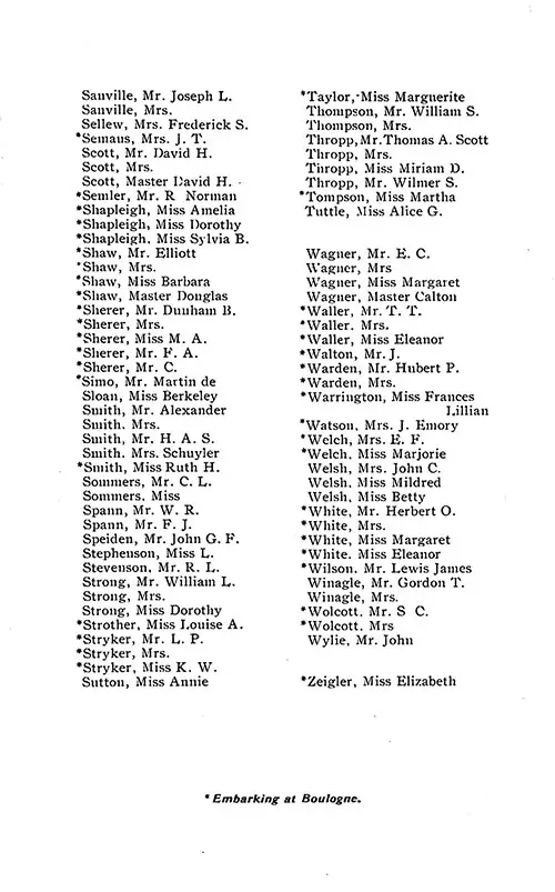 List of Passengers, Part 4 (Mr. Joseph L. Sanville-Miss Elizabeth Zeigler). SS Minnewaska First Class Passenger List, 25 August 1928.