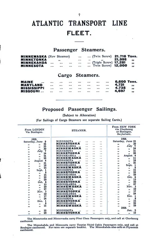 ATL Fleet List and Sailing Schedule, London-New York Services, from 9 June 1928 to 12 January 1929.
