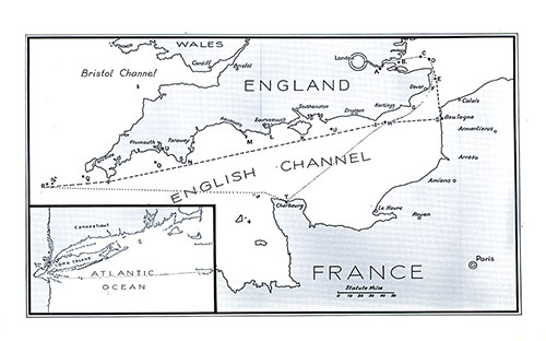 Map of the English Channel with Inset Map of Long Island, New York. SS Minnewaska First Class Passenger List, 25 August 1928.