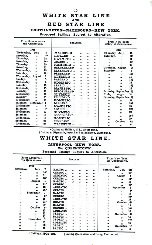 WSL and RSL Sailing Schedules, Southampton-Cherbourg-New York Services and Liverpool-Queenstown (Cobh)-New York Services, from 4 July 1928 to 8 December 1928.